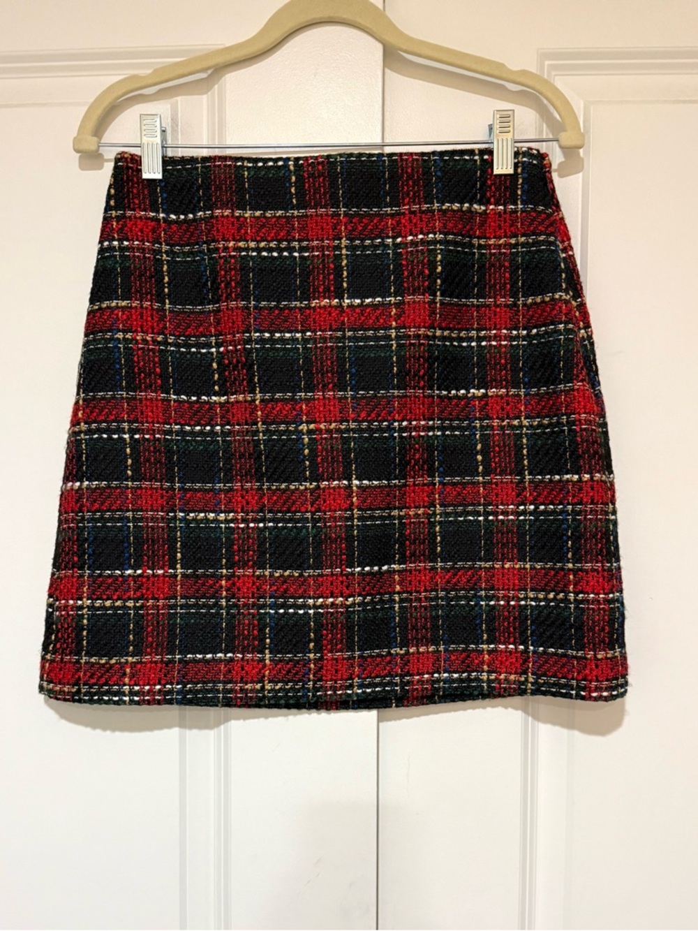 Nwt Loft Red And Black Plaid Tweed Lined Mini Skirt